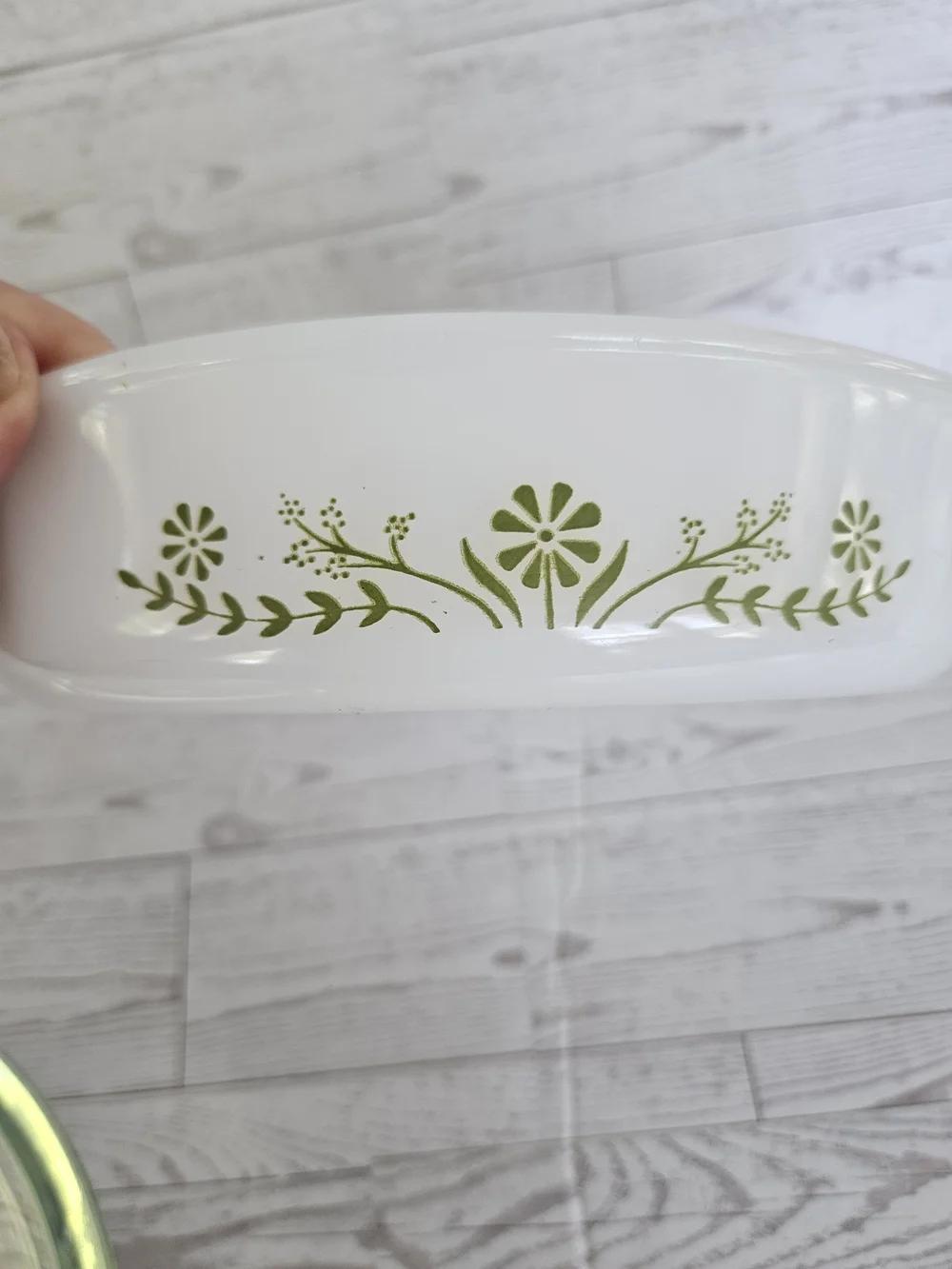 White Glass Casserole Dish with Green Floral Motif and Clear Lid